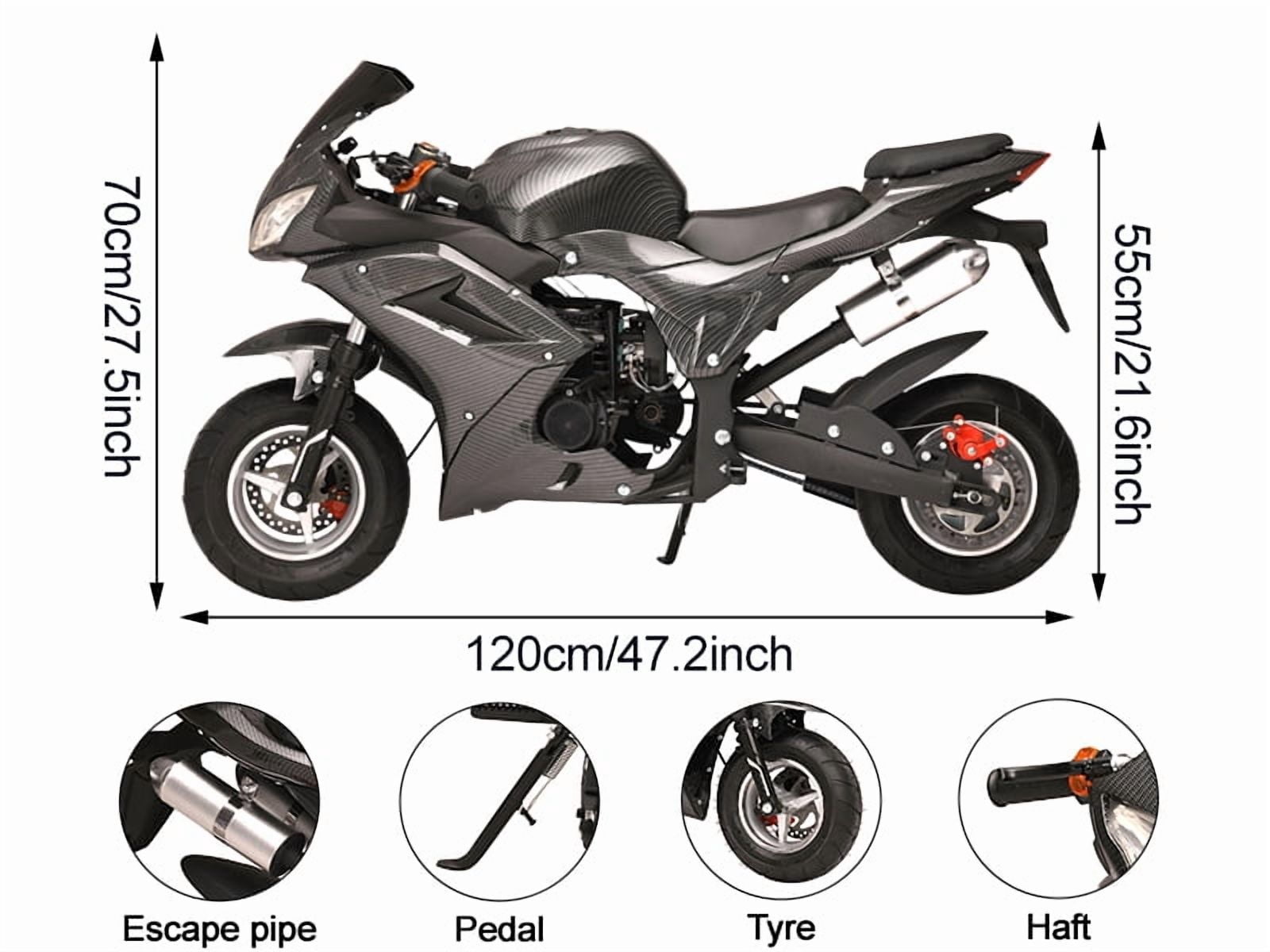Korogimeeet Gas Powered Black Mini Street Bike 49cc 4-Stroke, Hand-Pull Start, Hydraulic Suspension, 6.5 Inch Tires, 25MPH Max Speed, 60 Min Range, 200kg, 47 x 28 x 22 Inch