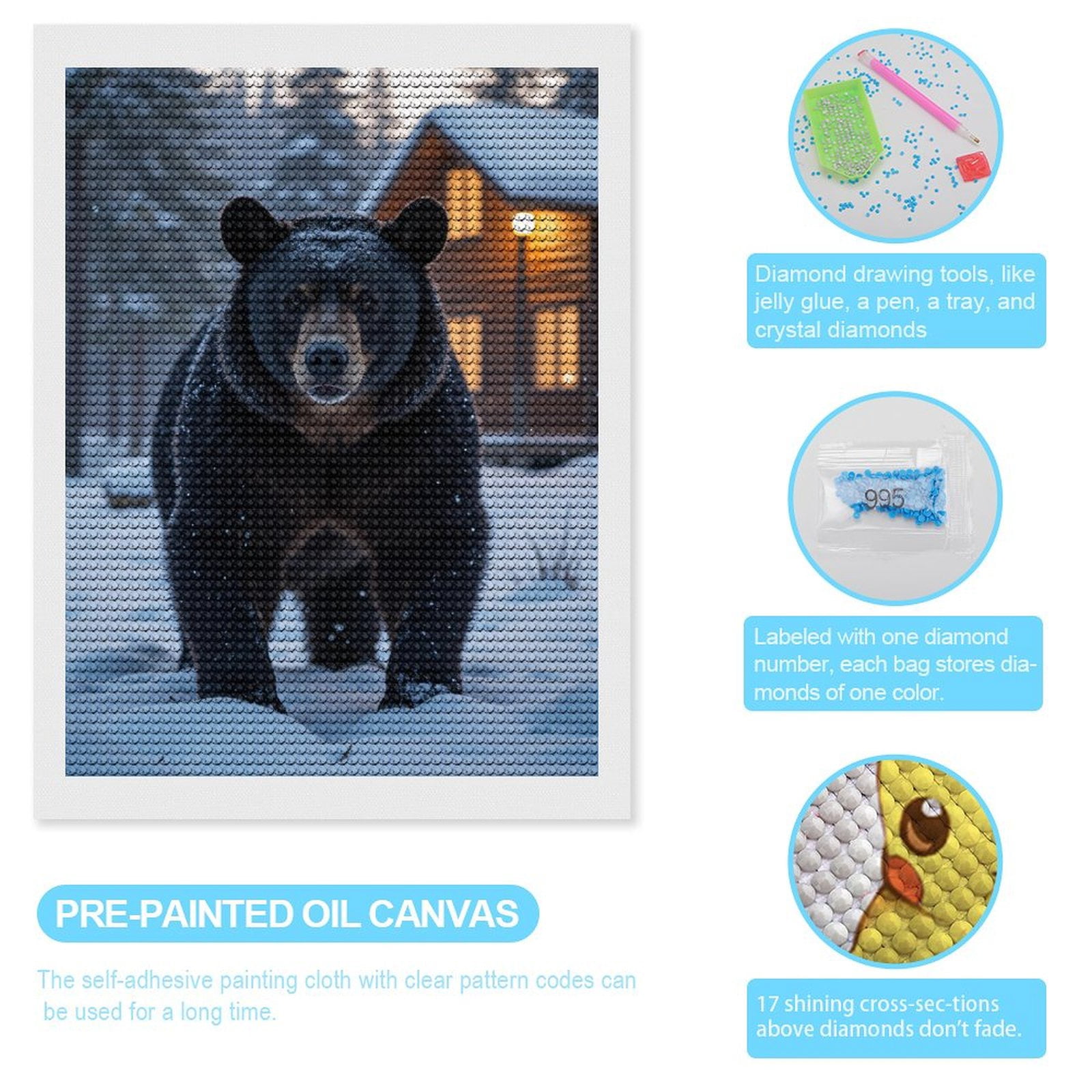 Diamond Art Kits for Adults, Bear Snow Cabin Winter Scene 5D Diamond Painting Kits for Adults Beginners, DIY Full Drill Diamond Painting, Gem Art and Crafts 12x16