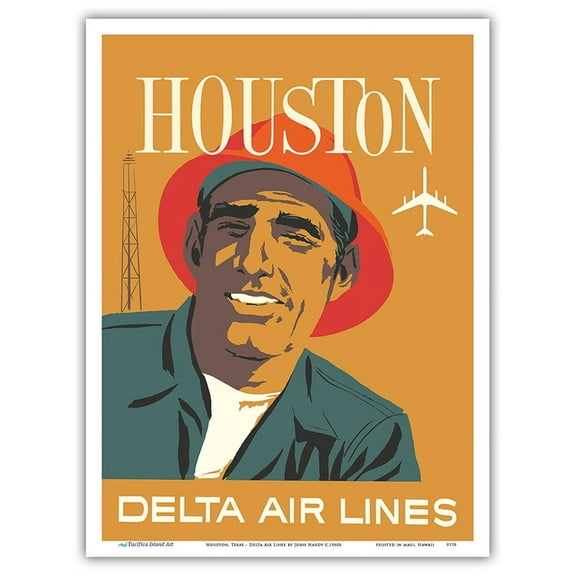 Houston Texas - Delta Air Lines - Vintage Airline Travel Poster by John Hardy c.1960s - Master Art Print (Unframed) 9in x 12in