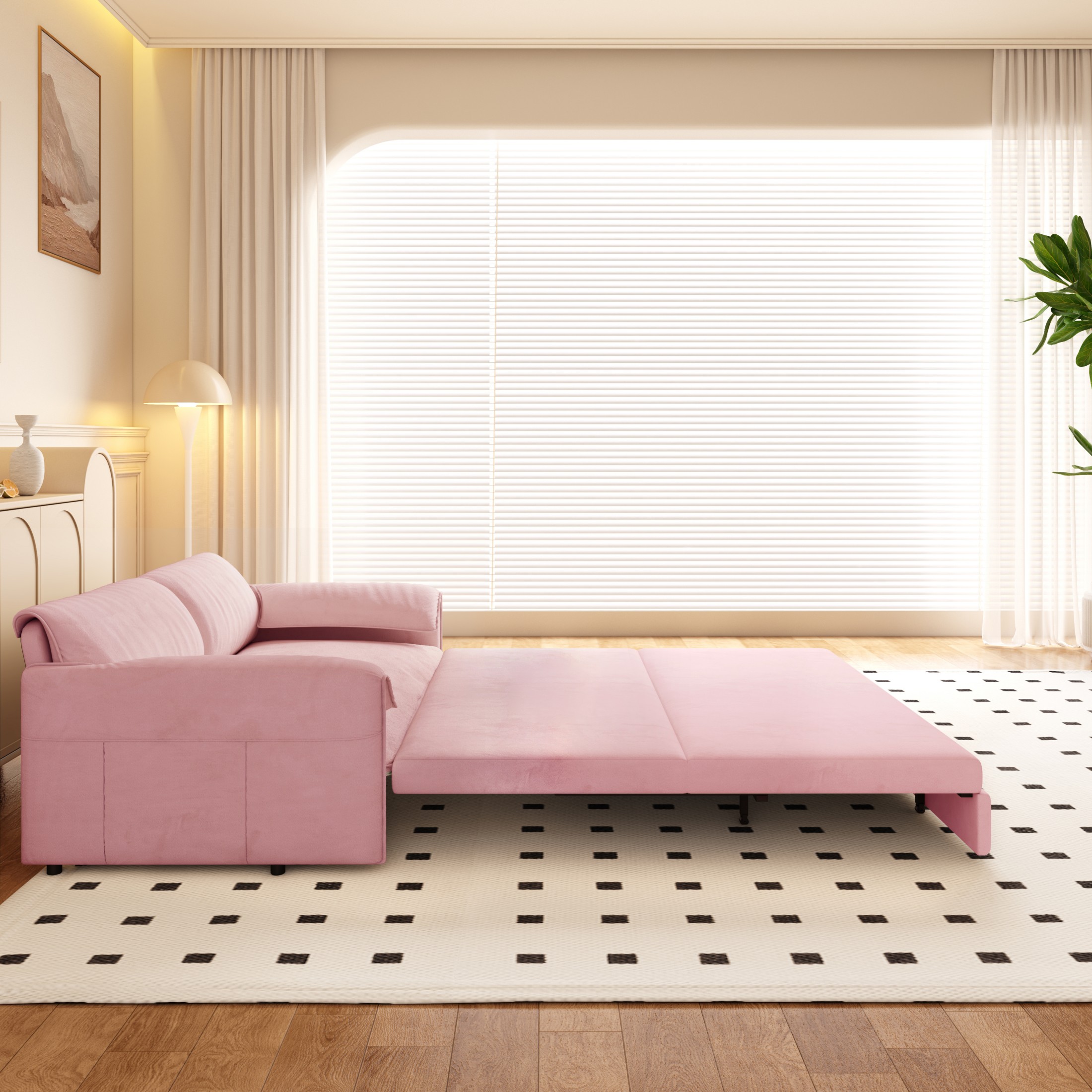 Aukfa Queen Sleeper Sofa Bed, Convertible Loveseat Pull Out Sofa Couch with Pillow Arm/Side Pockets, Pink