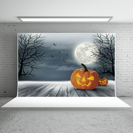 Image of HelloDecor 7x5ft Halloween Backdrops Photography White Wood Floor Background Pumpkins Bats Moon Night Photo Booth Props