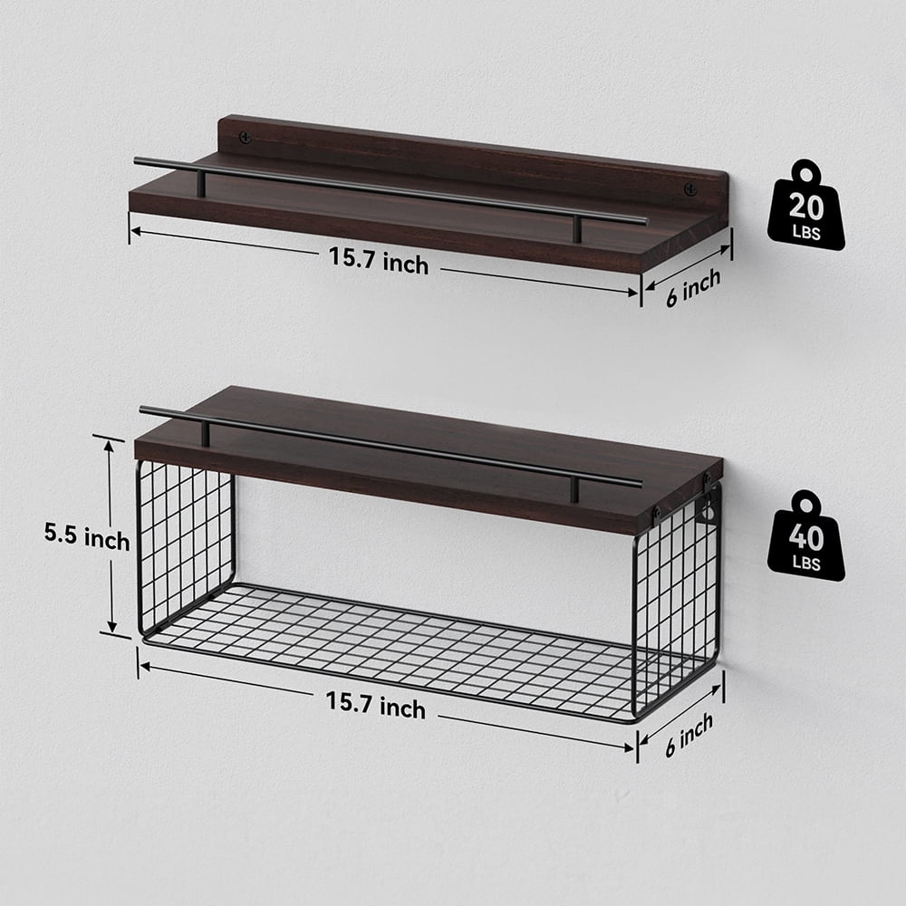 Set of 2 Wall Shelf, 15.7"L Floating Shelves with Wire Basket for Wall Decor, Boho Rustic Wood Wall Shelves Clearance Toilet Storage Shelf for Bathroom, Bedroom, Home, Farmhouse and Plant - Brown