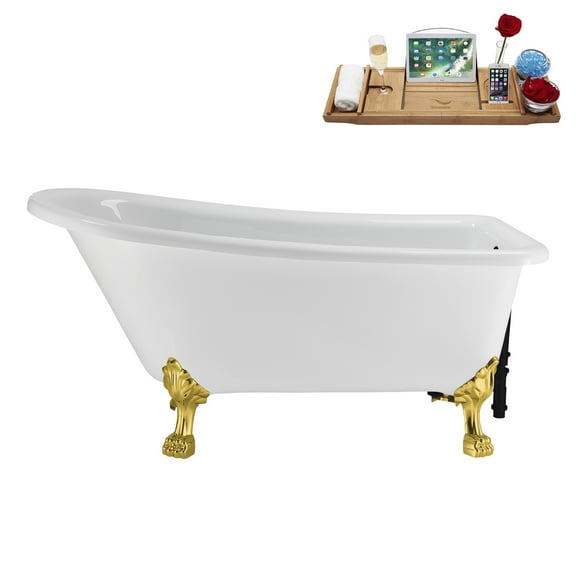 58" Streamline N4860GLD-BL Soaking Clawfoot Tub and Tray With External Drain in Matte Black and Polished Gold Clawfeet