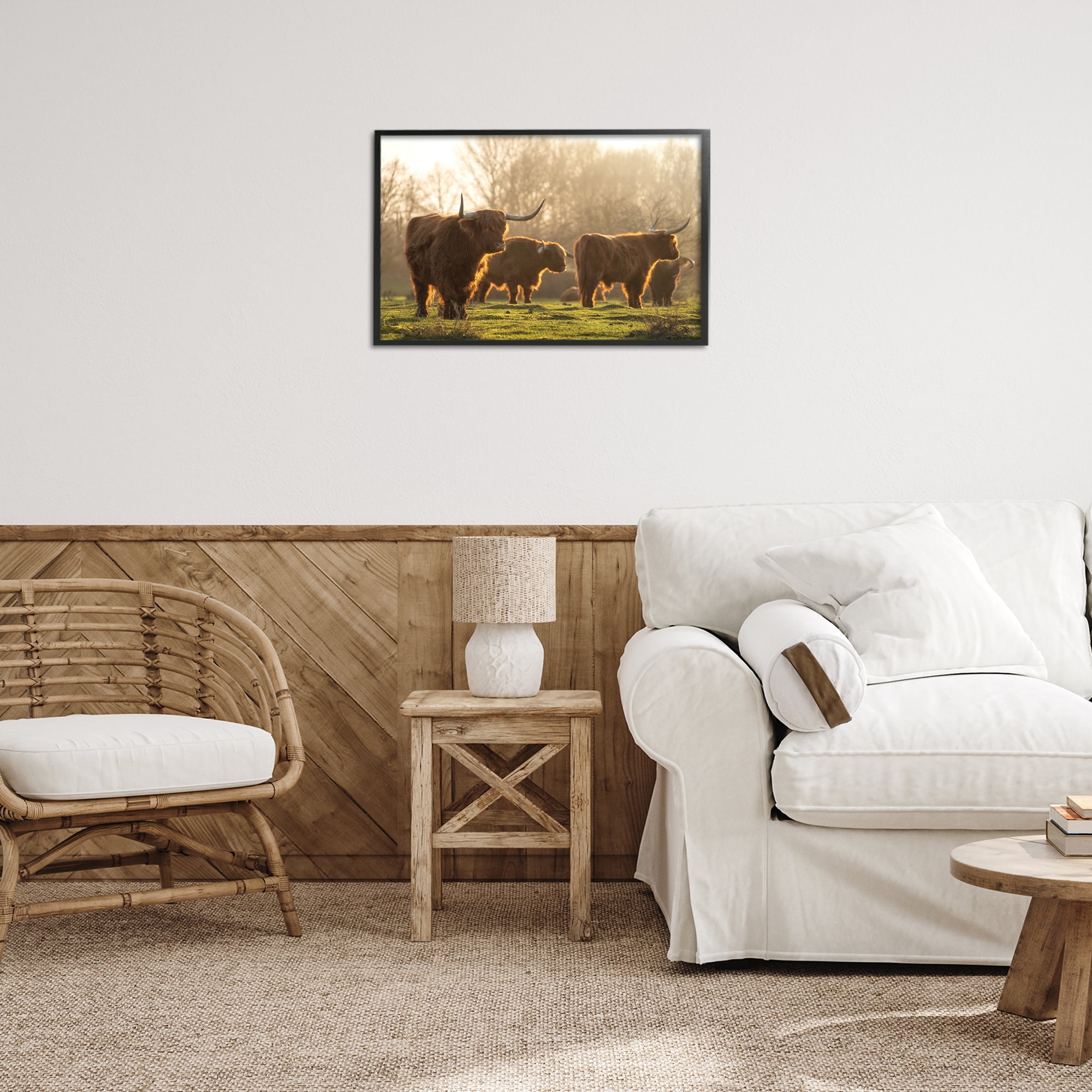 Stupell Industries Longhorns in Foggy Pasture Animals & Insects Photography Black Framed Art Print Wall Art, 24 x 16