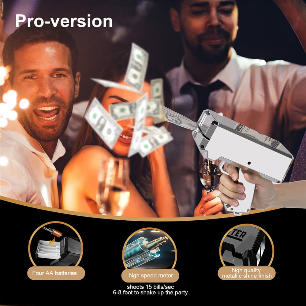 Money Guns Shooter 18K Silver Plating with 100 Pcs Fake Money  Make It Rain Dollar Bills Cash Cannon for Party Nightclub Birthday Christmas Wedding Movie Playing Toy Guns