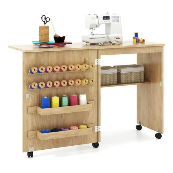 YYAo Office Desks,Sewing Tables,Folding Sewing Table with Storage Shelf and 5 Lockable Wheels-Natural
