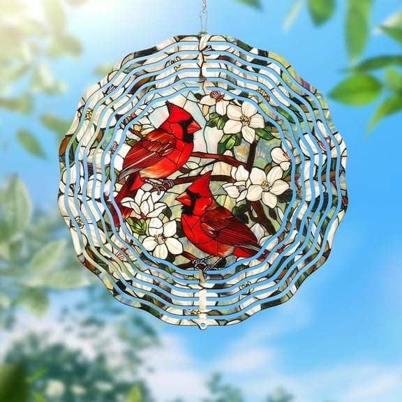 HELLOYOUNG 10inch Cardinals in Flower Garden Wind Spinner - Hanging Decor. Weather Resistant, Kinetic Spinning Design. Perfect Outdoor Yard Garden Ornament, Vibrant Bird-Themed Wind Sculpture