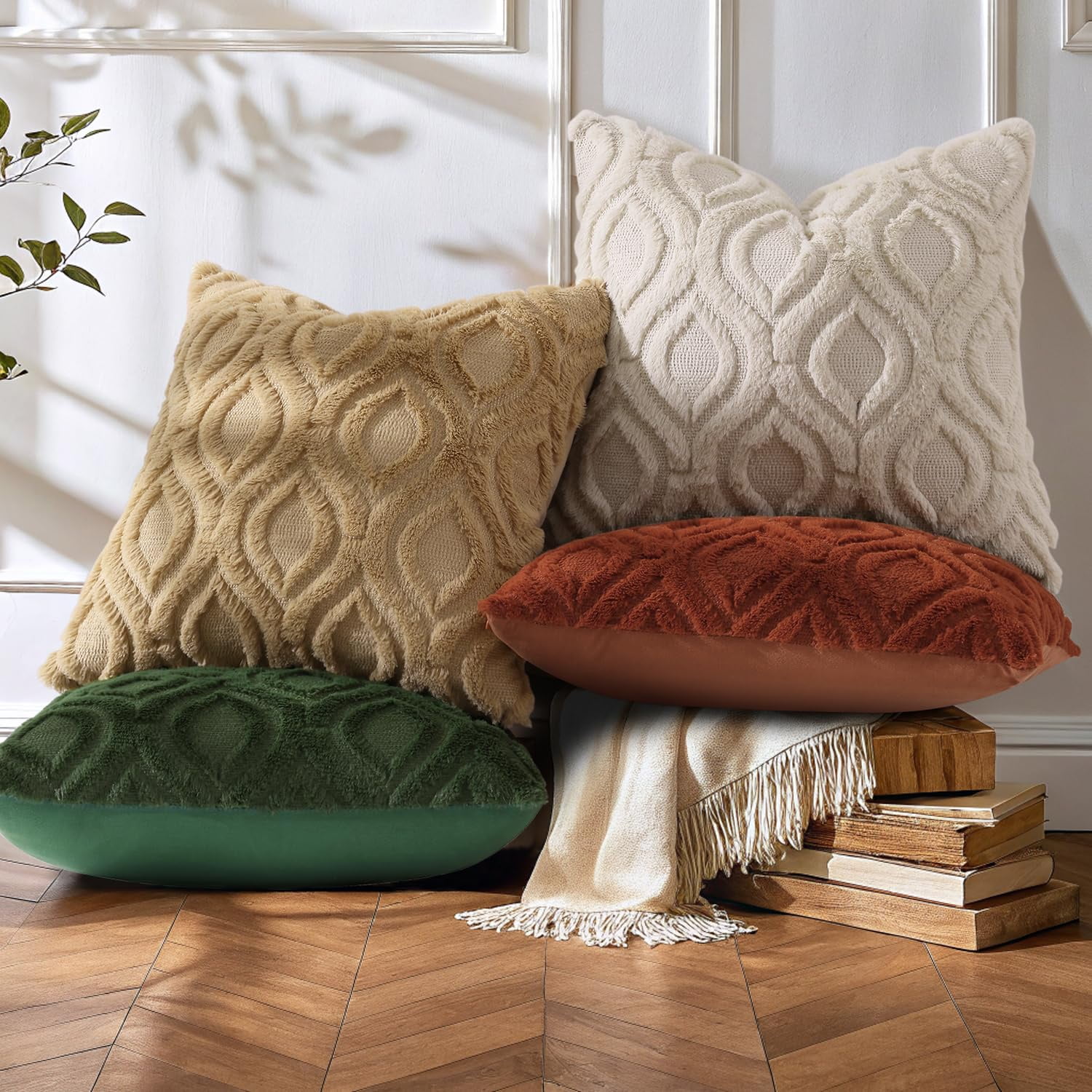 decorUhome Pack of 2 Throw Pillow Covers 24x24, Soft Plush Faux Wool Couch Pillow Covers, Beige (Pillow Cover Only, No Inserts Included)