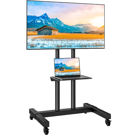 RTVR Rolling TV Stand on Wheels for 32"-83" Screens, Modern Portable Mobile Black TV Mount Stand Shelf, Max VESA 600x400mm