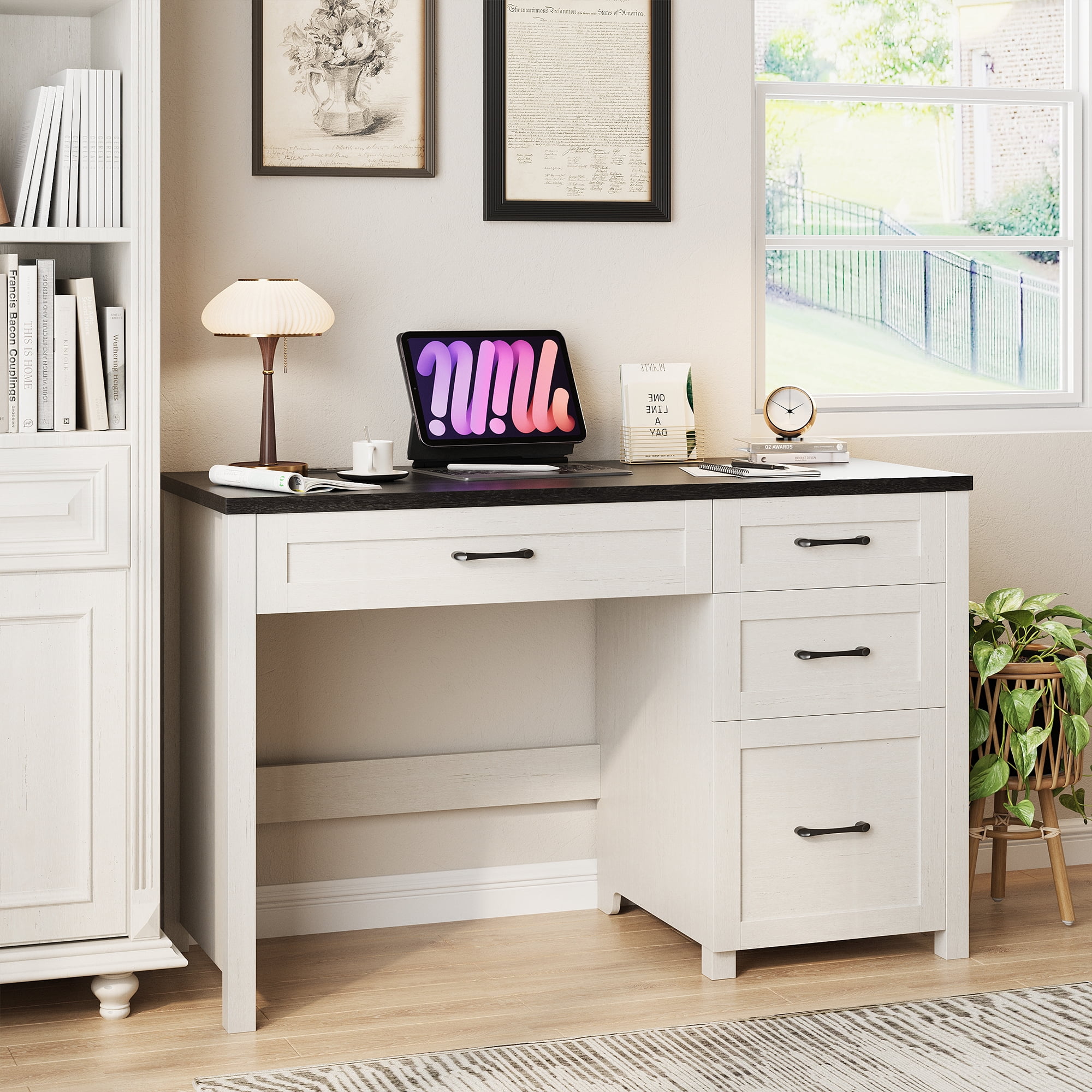 Conate 47" Executive Desk with File Cabinet and Drawers, Home Office Desk with Charging Station and Large Drawer, Workstation Table for Study