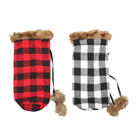 

Christmas Wine Bottle Cover Buffalo Plaid with Faux Fur Cuff Wine Bottle Holder Wine Bottle Pouch Bags for Christmas Party Decorations (Red and Black)