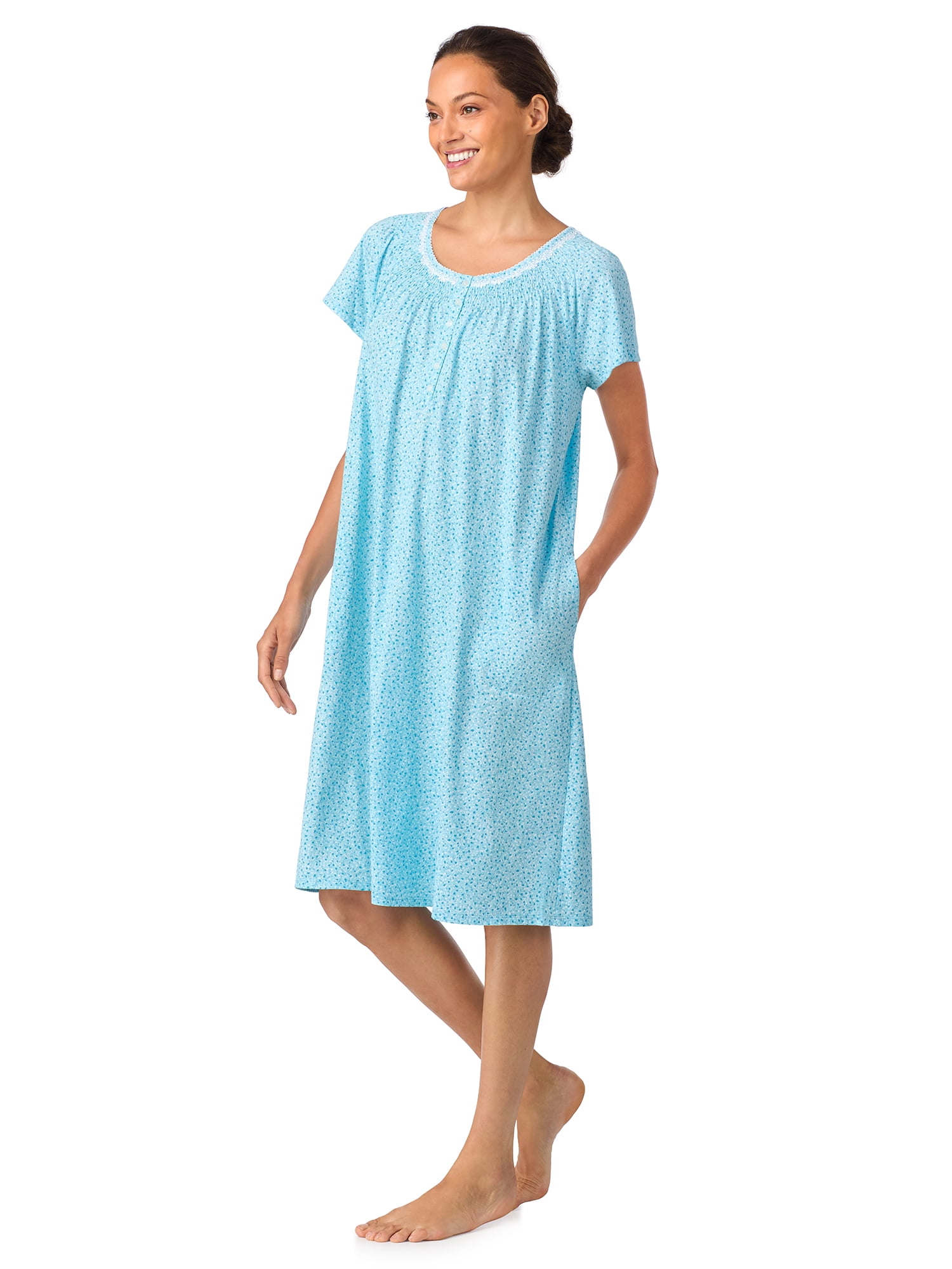 Aria Women's 100% Cotton Raglan Sleeve Smocked Neck 40" Sleepwear Gown, Sizes XS-5X