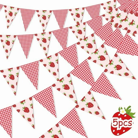 5 Pieces Strawberry Pennant Banners - Pre-Strung Strawberry Single Sided Paper Triangle Flag, Strawberry Party Decorations for Girls, Berry Themed Birthday Party Baby Shower Supplies