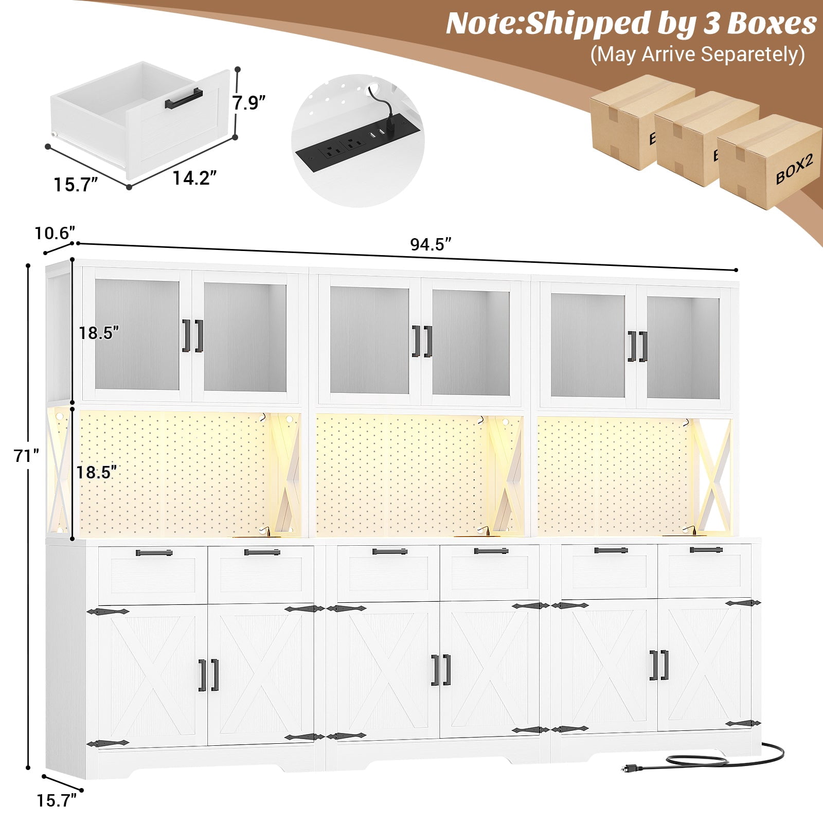 Homieasy 71'' Tall Farmhouse Pantry Cabinet with 6 Drawers and 12 Doors, 94.5'' Width 3-Piece Cupboard with Adjustable Shelves for Dining, Kitchen, Living Room, White