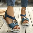 thumbnail image 2 of Rokment Women's Platform Chunky Heels Dressy Sandals Fashion Casual Metallic Silver Buckles Leather Elastic Ankle Strap Wedge Slingback Heeled Summer Comfortable Walking Shoes Blue Size 9, 2 of 7