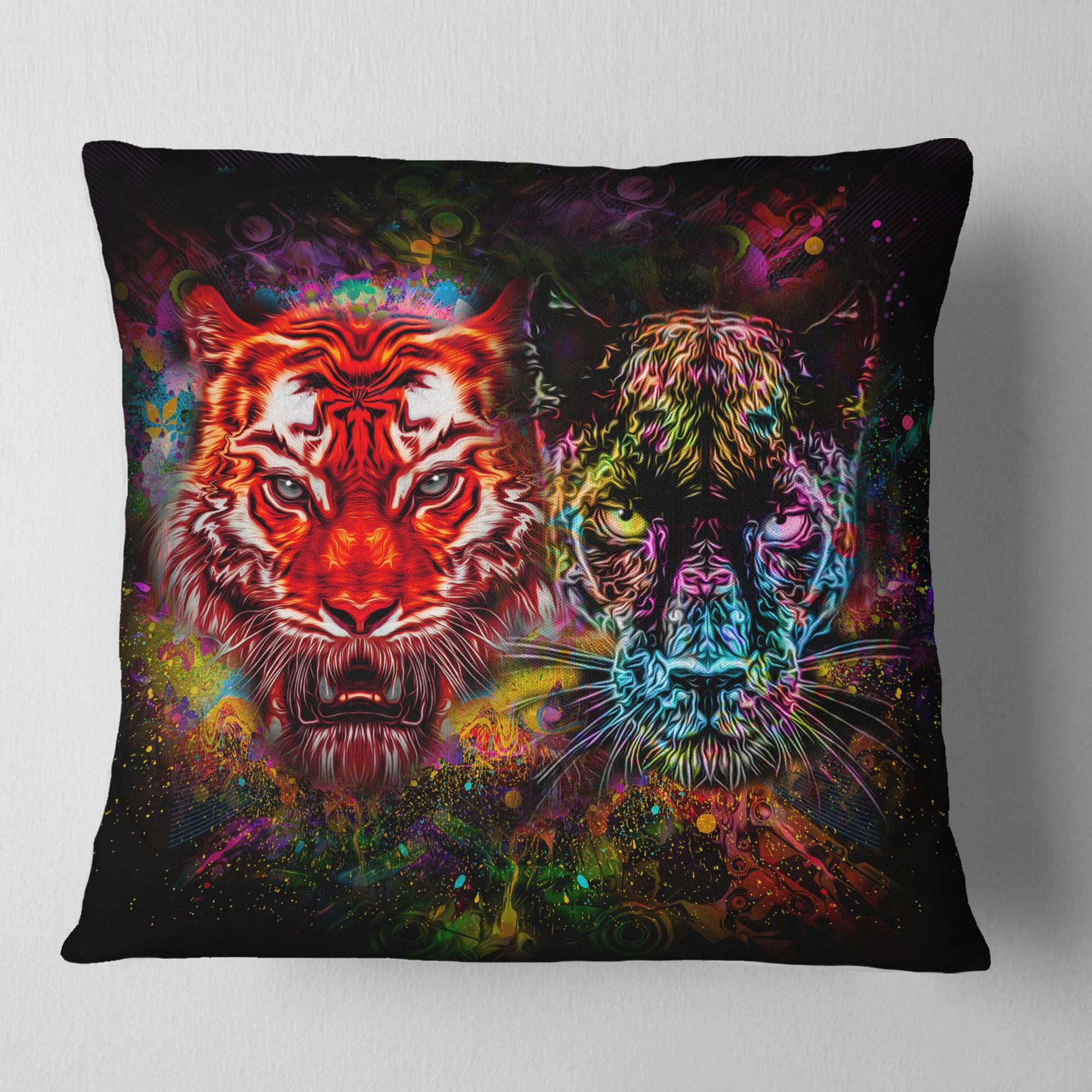 Designart Tiger and Panther with Splashes - Animal Throw Pillow - 18x18