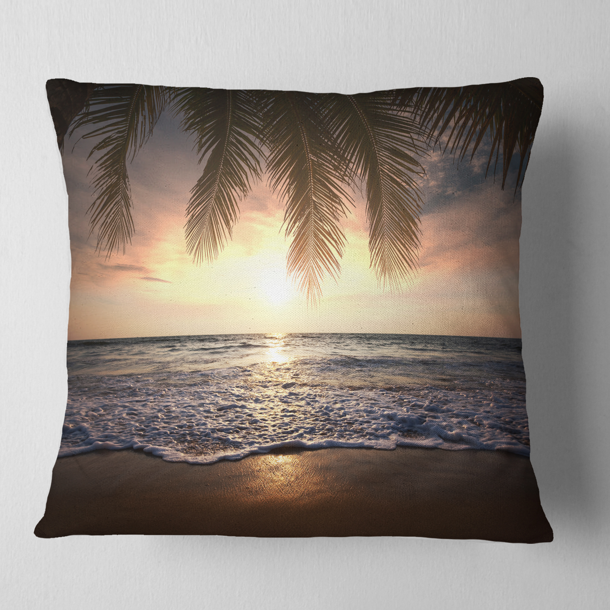 Designart Tropical Beach with Palm Leaves - Seashore Throw Pillow - 16x16