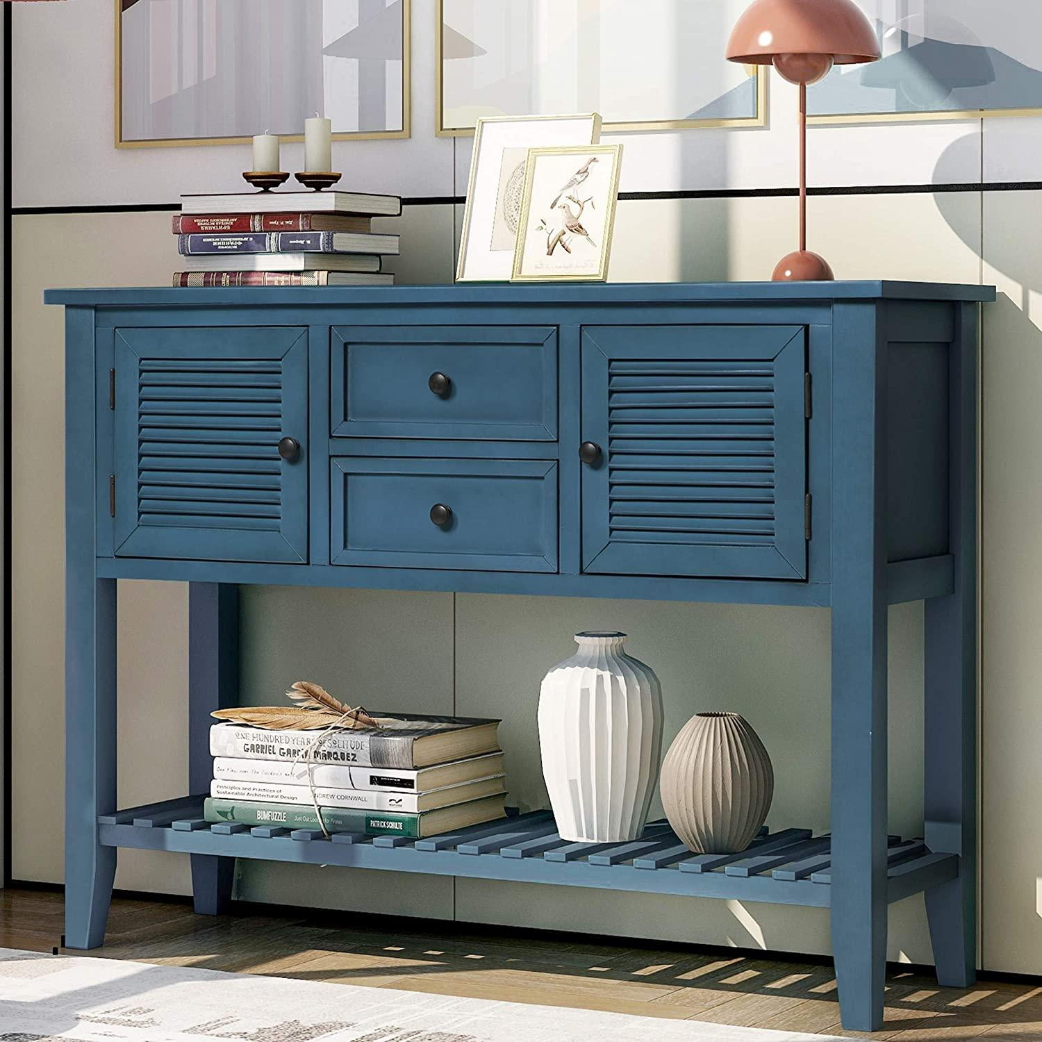 Buffet Table Console Tables with Shutter Doors Two Storage Drawers and Bottom Shelf Retro Style