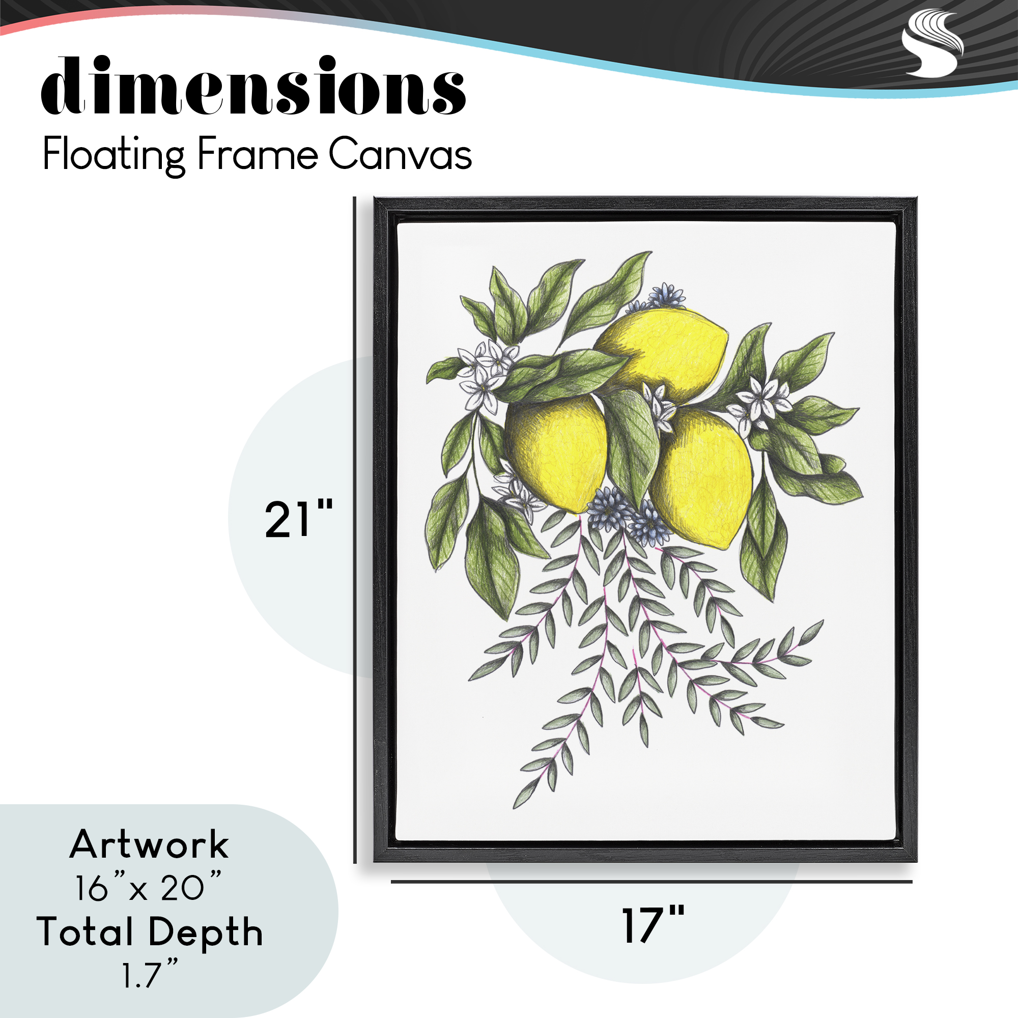 Lemons & Flowers Vintage Sketch Black Framed Floater Canvas Wall Art, design by Cecilia Battaini