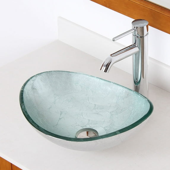 Elite 1412+F371023 Oval Artistic Silver Tempered Glass Bathroom Vessel Sink with Faucet