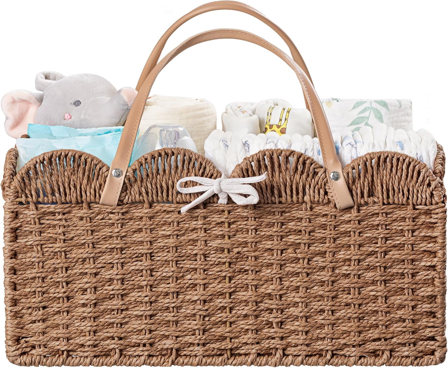 Baby Diaper Caddy, Paper Rope Storage Baskets Nursery Bin with Removable Divider, Portable Car Organizer for Diapers, Baby Shower Gifts, Newborn Essentials Must Haves