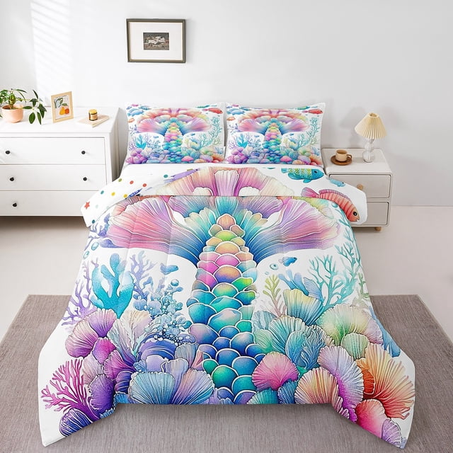 Erosebridal Mermaid Fishtail Comforter Sets Queen Size,Ocean Animal Bedding Queen Comforter Set,Princess Room Decorative,Reversible,Ultra Soft,3-Piece