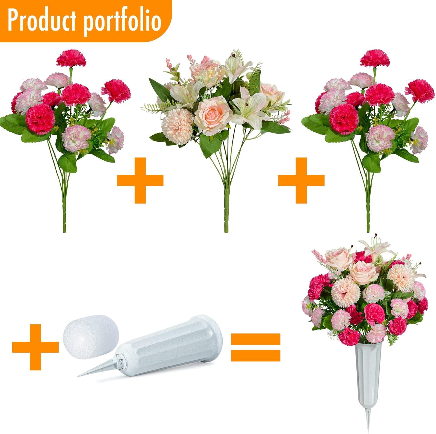 Cemetery Flowers, Set of 2 Artificial Carnation Bouquet Grave Memorial Flowers with Vase for Cemetery Headstones Decoration (Carnation)