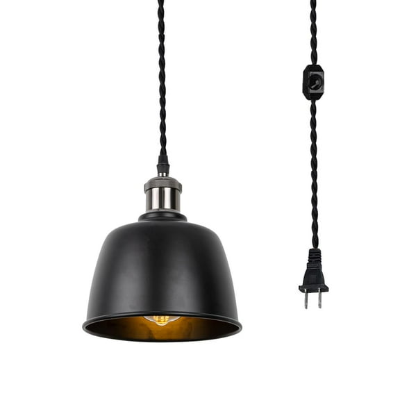 KAYYELAMP Dimmable Pendant Light Plug in Cord 15 Feet E26 Pearl Black Base Black Metal Shade Modern Design Hanging Lamp for Kitchen Stairs Farmhouse(No Bulb)