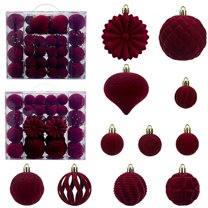 Bxaolu 48Pcs Green Velvet Christmas Ornaments Set, Assorted Flocked Christmas Baubles Hanging Decorations, Plastic Christmas Balls Decor for Xmas Tree,Home,Party,Holiday (Red)