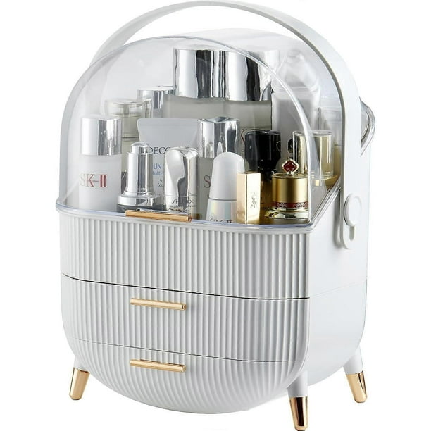 Cosmetic Organizer, Cosmetic Display Case with 2 Tiers and Clear Lid, Bedroom Dresser and T1-White