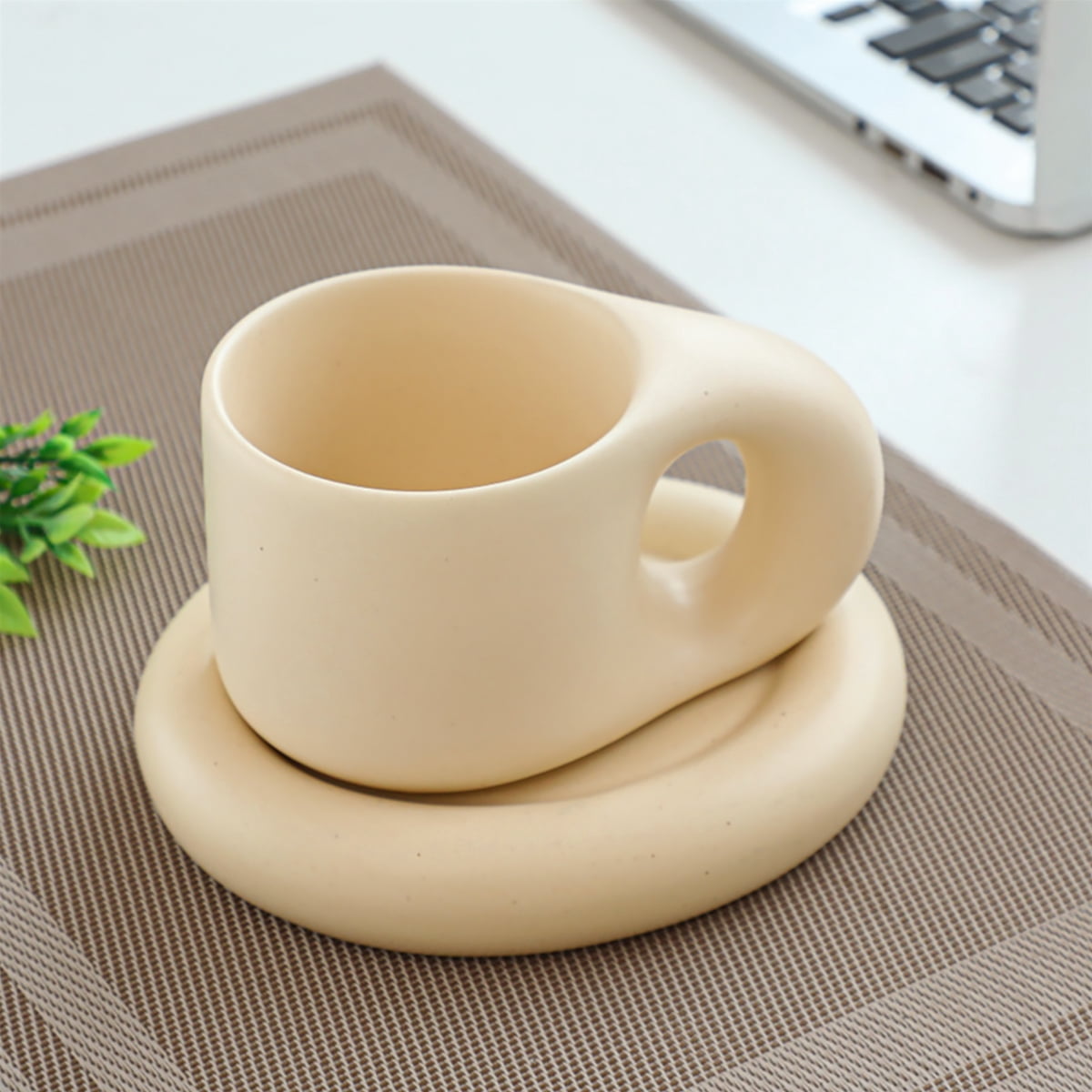 Handmade Ceramic Coffee Mug With Plate - Beige Chubby Pottery Mug, 400ml, Gift For Home & Office