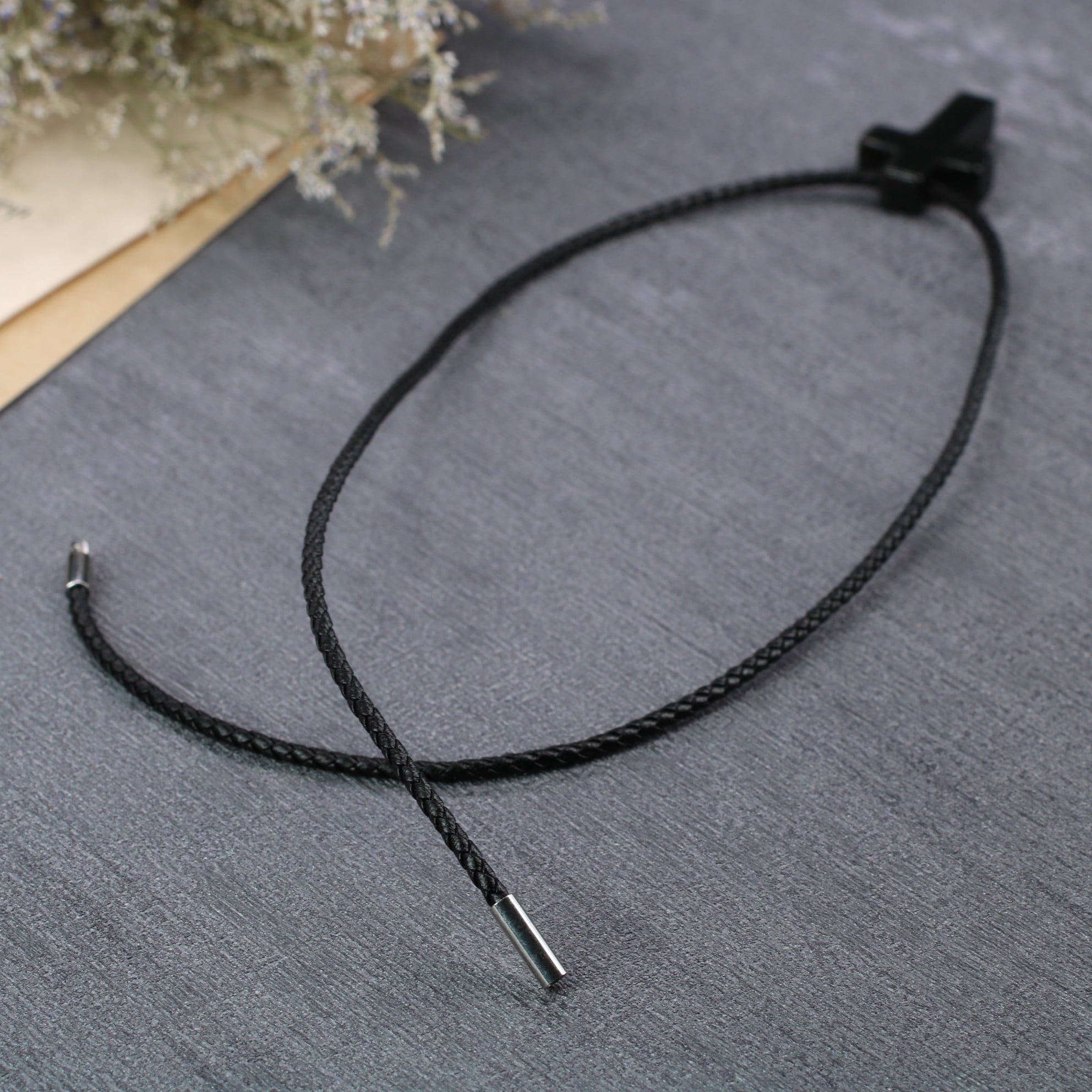 COAI Leather Cord Religious Jewelry Black Obsidian Stone Cross Pendant Necklace