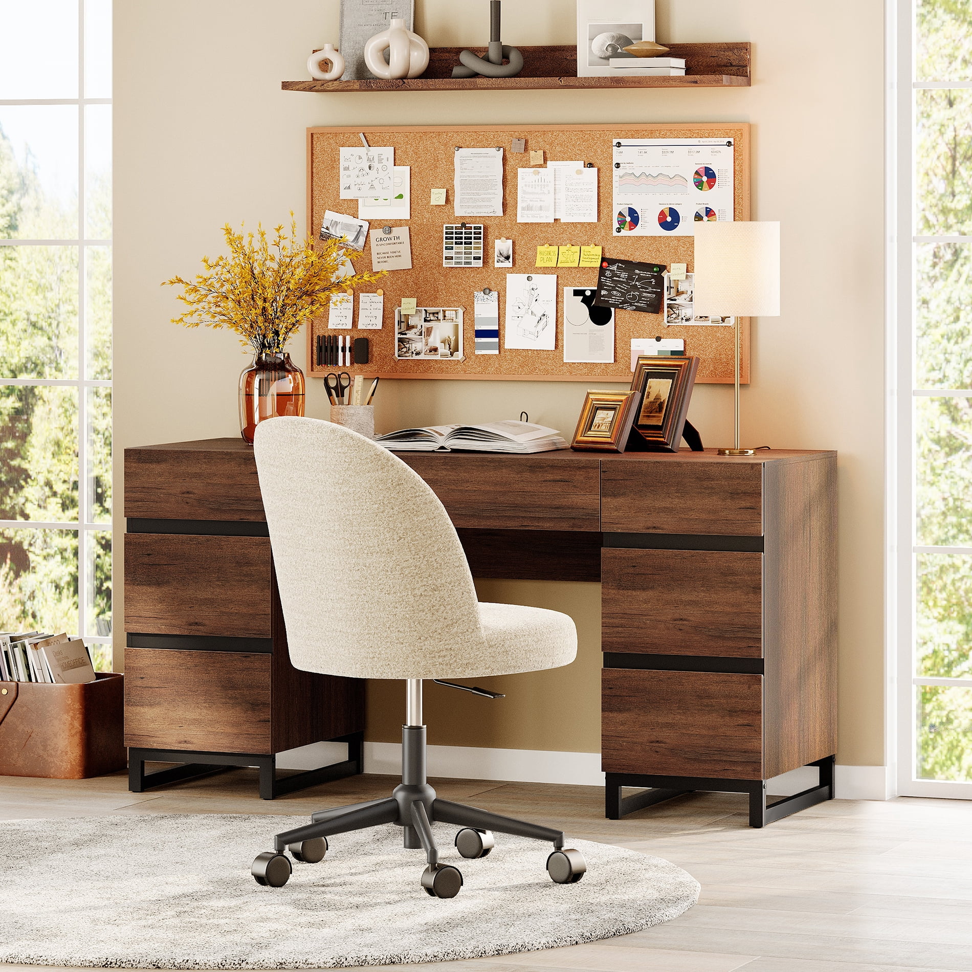 WAMPAT 59" Rustic Brown Modern Executive Desk with Drawers & Charging Station, Wood Computer Writing Desk with File Drawer, Study Table for Bedroom, Living Room & Home Office