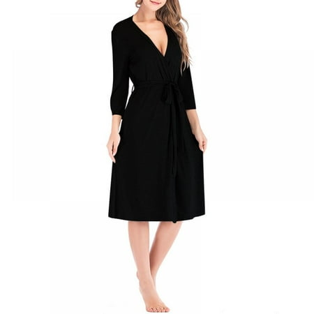 

Clearance Women 3 / 4 Sleeve Kimono Robes Cotton Long Robe Knit Bathrobe Soft Sleepwear V-Neck Ladies Loungewear S-2XL