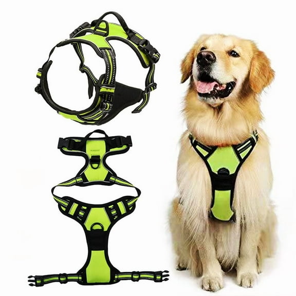 Reflective Padded Dog Harness, Lime Green, 2 Piece Set（Medium）