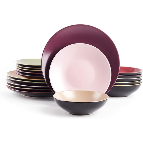 Colors Life Dinner 18pc Set, Very Berry - 6 Assorted Colors Berry, Beige, Curry, Olive, Plum and Pink