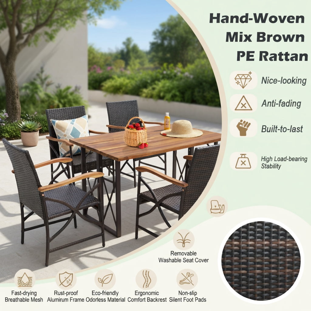 Hommoo Set of 4 Wicker Patio Chairs with Off-White Zippered Cushions, PE Rattan & Acacia Wood Outdoor Seating for Backyard, Poolside & Porch, Brown