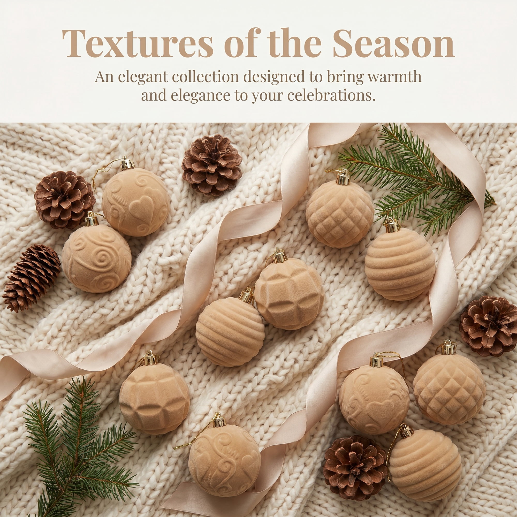 Unique Bargains Velvet Christmas 12 Pack Flocked Sphere Orbs Luxury Ornaments Khaki 2.4"