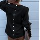 thumbnail image 4 of Blusa informal holgada de manga larga con botones de metal para oficina para mujer, cuello redondo, color liso, para verano, 4 of 4