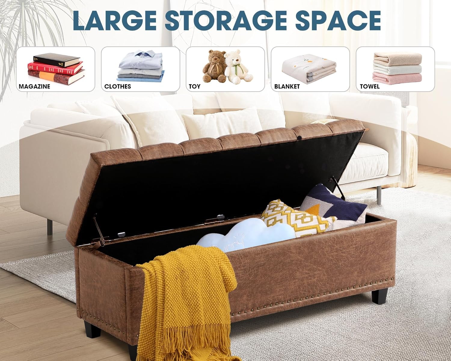 Haverchair 51" Ottoman Storage Benches, 30 Gallons End of Bed Storage Bench, Large Rectangular Storage Ottoman, Button-Tufted Ottoman with Storage for Living Room Bedroom, Foot of Bed (Brown)