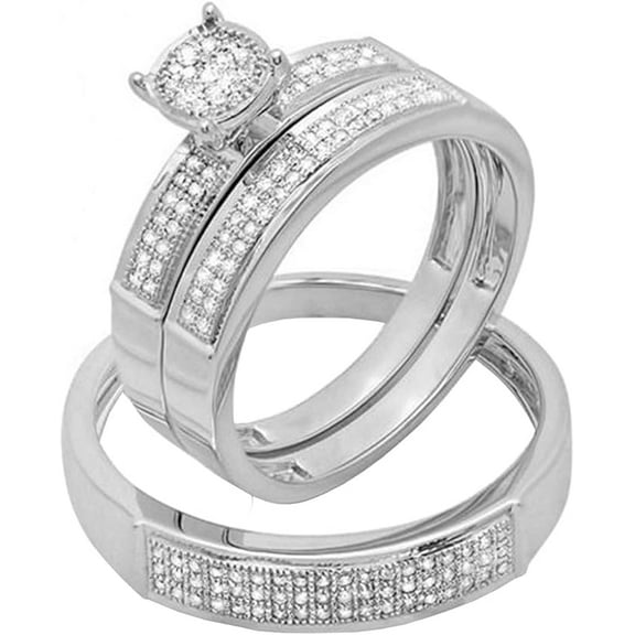 Divine Creation Unisex 14K White Gold Plated 1.75 Ct Round Cut White Diamond Wedding Engagement Trio Ring Set 925 Sterling Silver For Men's & Women's -6.5