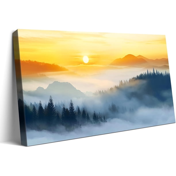 Sunset foggy forest mountain landscape painting, room painting, artistic work, home decoration, wall fabric painting