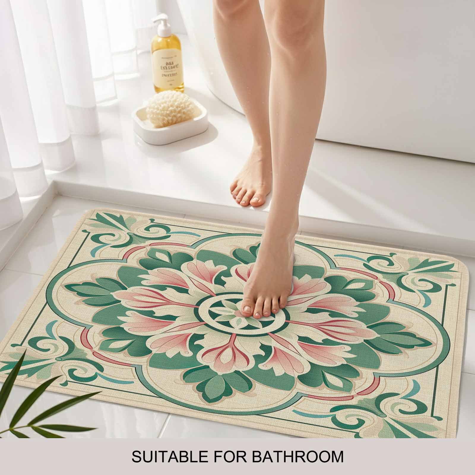 Pink Green Flower Doormat Outdoor Entrance 24"x36", Elegant Spring Floral Abstract Art Absorb Moisture Dirt Door Mats, Non-Slip Rubber Backing Floor Mats Indoor, Low-Profile Front Door Rugs