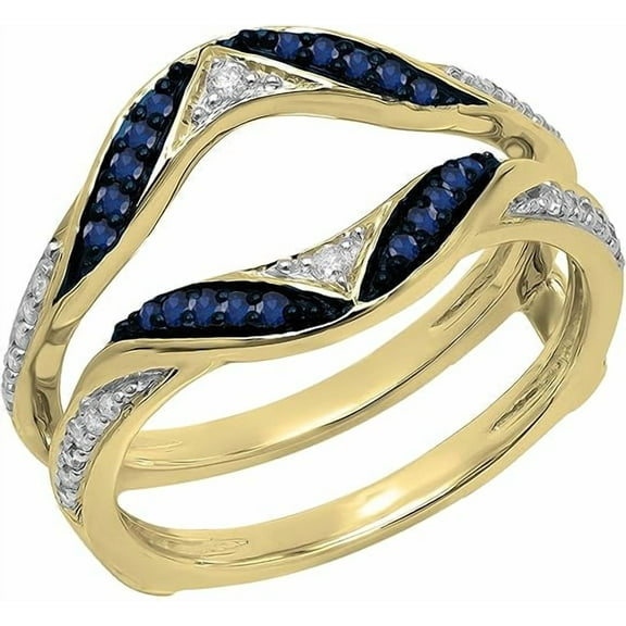 Dazzlingdaimonds Jewels 2.00 Ctw Round Cut Blue Sapphire & White Diamond Womens Anniversary Guard Double Ring 14K Yellow Gold Plated 925 Sterling Silver 925 Sterling Silver - 7.5