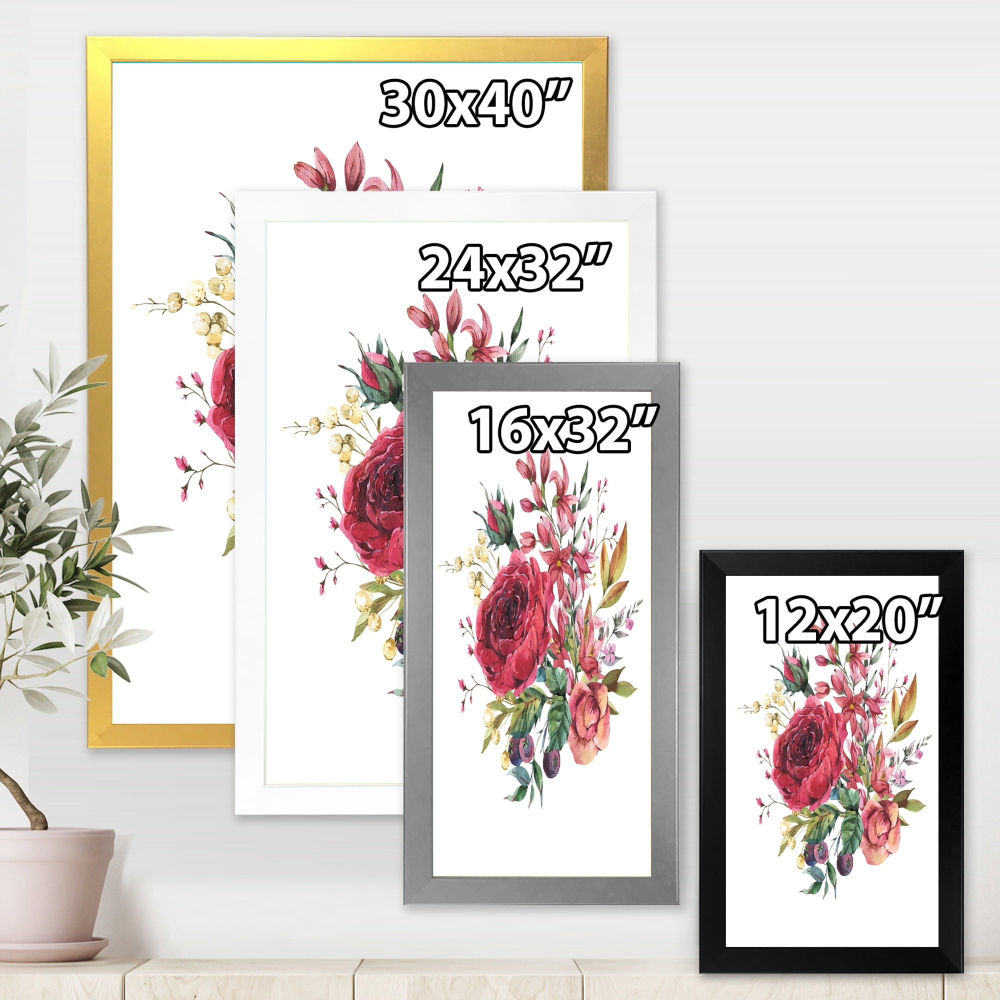 Designart 'Ancient Wildflowers and Burgundy Rose' Farmhouse Framed Art Print