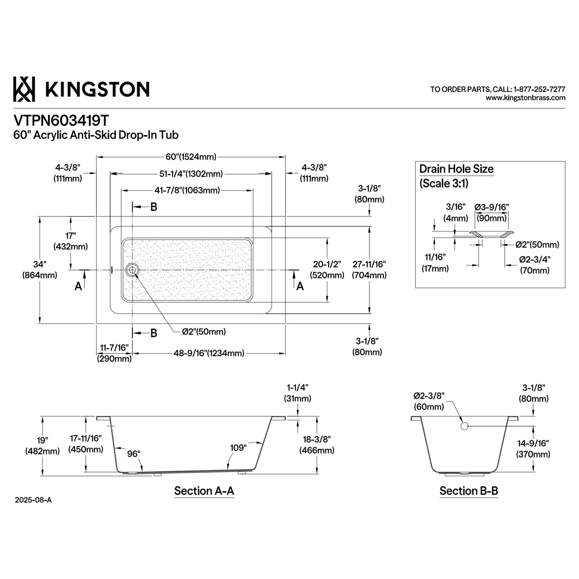 Kingston Brass VTPN603419T 60-Inch Acrylic Rectangular Drop-In Tub with Anti-Skid Surface in Glossy White