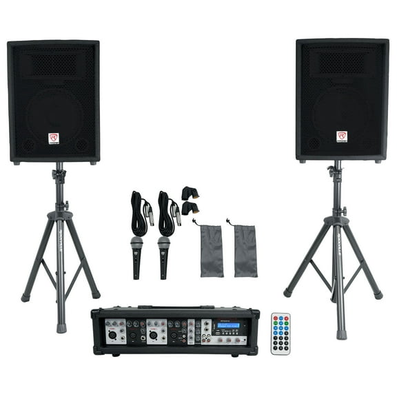 Rockville 10" Church Speakers Mixer Stands Mics and Bluetooth for Church Sound Systems