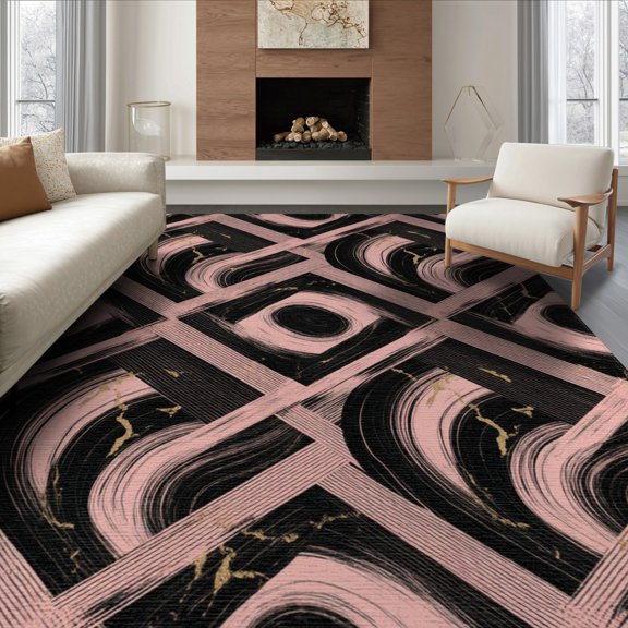 ODIKA 8'x10' Washable Area Rug Grey Contemporary Punk Interlocking Brushstroke Swirl Pink Abstract Refined for King Size Bedroom Under Bed, Master Suite, Non-Shedding, Easy Care