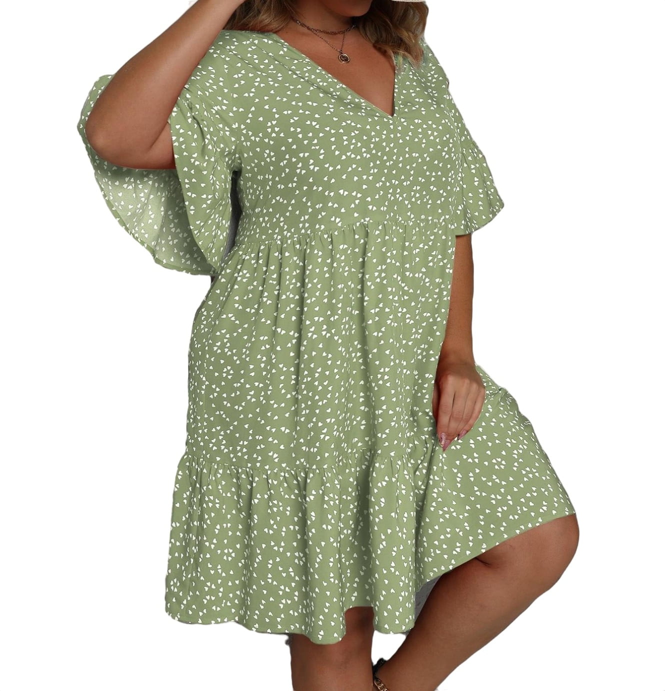 Womens Plus Dresses All Over Print Ruffle Hem Smock V neck Green 4XL