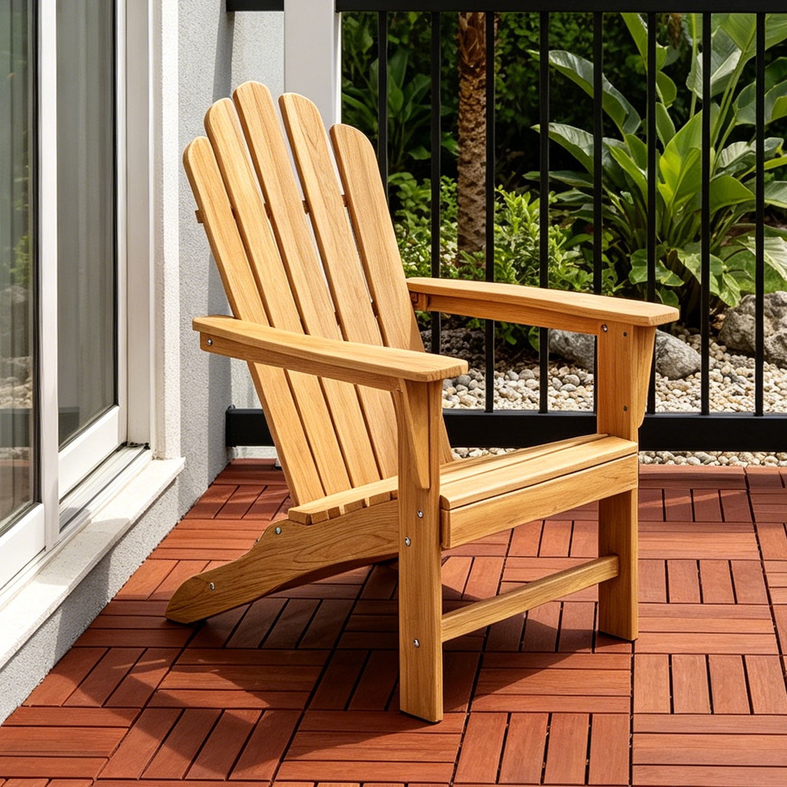 Outdoor Wooden Adirondack Chair, Teak Leisure Line Adirondack Chair All Weather Fire Pit Chair Suitable for Patio Lawn Gardens Terraces Poolside